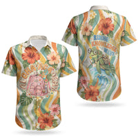 Hawaii Aloha Academy Back To School Couples Matching Off Shoulder Maxi Dress and Hawaiian Shirt Sea Turtle Tropical Hibiscus Flowers Retro Psychedelic