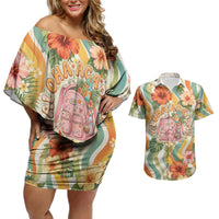 Hawaii Aloha Academy Back To School Couples Matching Off Shoulder Short Dress and Hawaiian Shirt Sea Turtle Tropical Hibiscus Flowers Retro Psychedelic