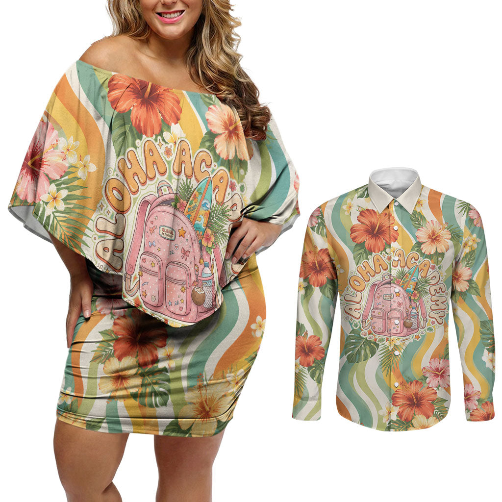 Hawaii Aloha Academy Back To School Couples Matching Off Shoulder Short Dress and Long Sleeve Button Shirt Sea Turtle Tropical Hibiscus Flowers Retro Psychedelic