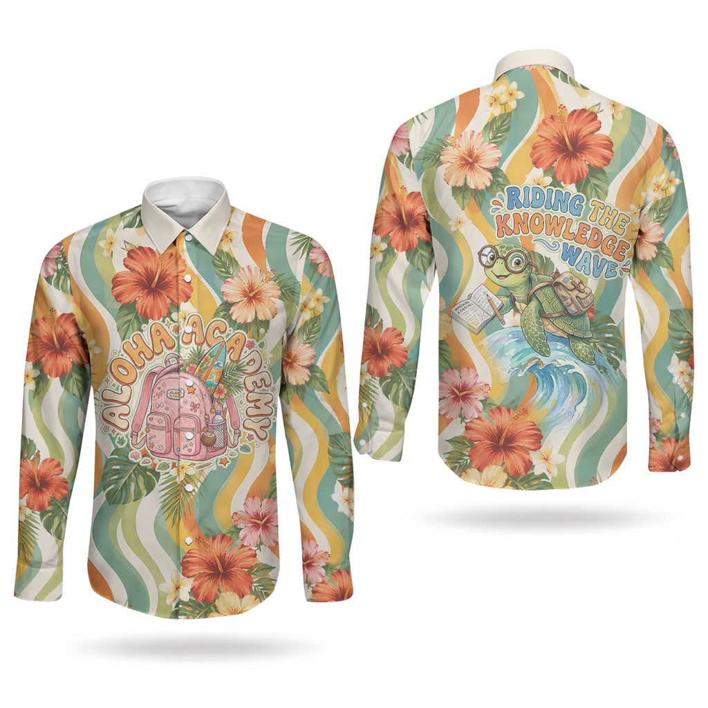 Hawaii Aloha Academy Back To School Couples Matching Off The Shoulder Long Sleeve Dress and Long Sleeve Button Shirt Sea Turtle Tropical Hibiscus Flowers Retro Psychedelic
