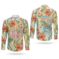 Hawaii Aloha Academy Back To School Couples Matching Off The Shoulder Long Sleeve Dress and Long Sleeve Button Shirt Sea Turtle Tropical Hibiscus Flowers Retro Psychedelic