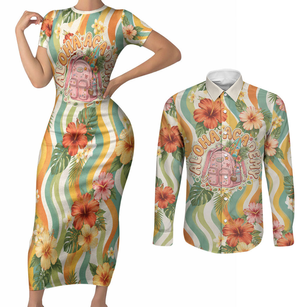 Hawaii Aloha Academy Back To School Couples Matching Short Sleeve Bodycon Dress and Long Sleeve Button Shirt Sea Turtle Tropical Hibiscus Flowers Retro Psychedelic