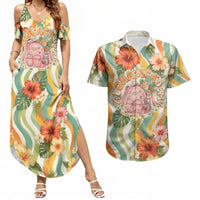 Hawaii Aloha Academy Back To School Couples Matching Summer Maxi Dress and Hawaiian Shirt Sea Turtle Tropical Hibiscus Flowers Retro Psychedelic