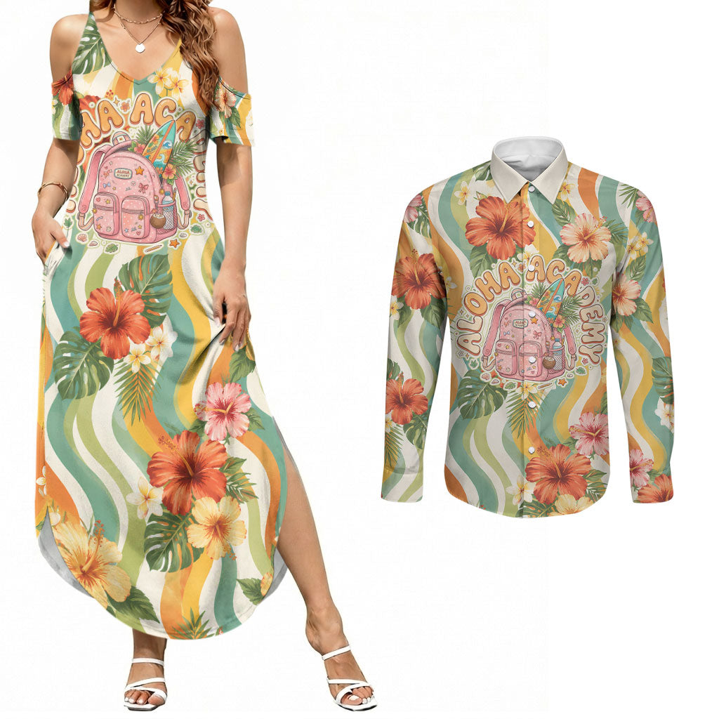 Hawaii Aloha Academy Back To School Couples Matching Summer Maxi Dress and Long Sleeve Button Shirt Sea Turtle Tropical Hibiscus Flowers Retro Psychedelic