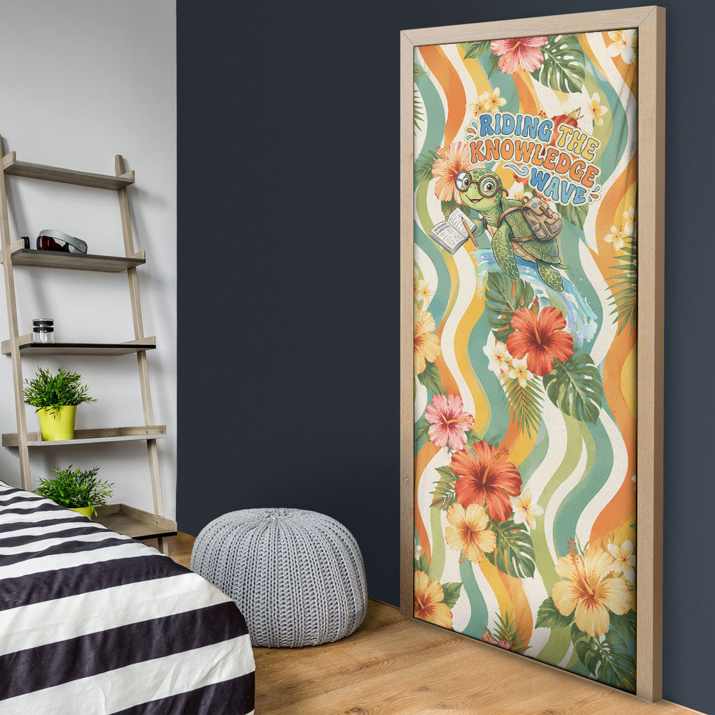 Hawaii Aloha Academy Back To School Door Cover Sea Turtle Tropical Hibiscus Flowers Retro Psychedelic