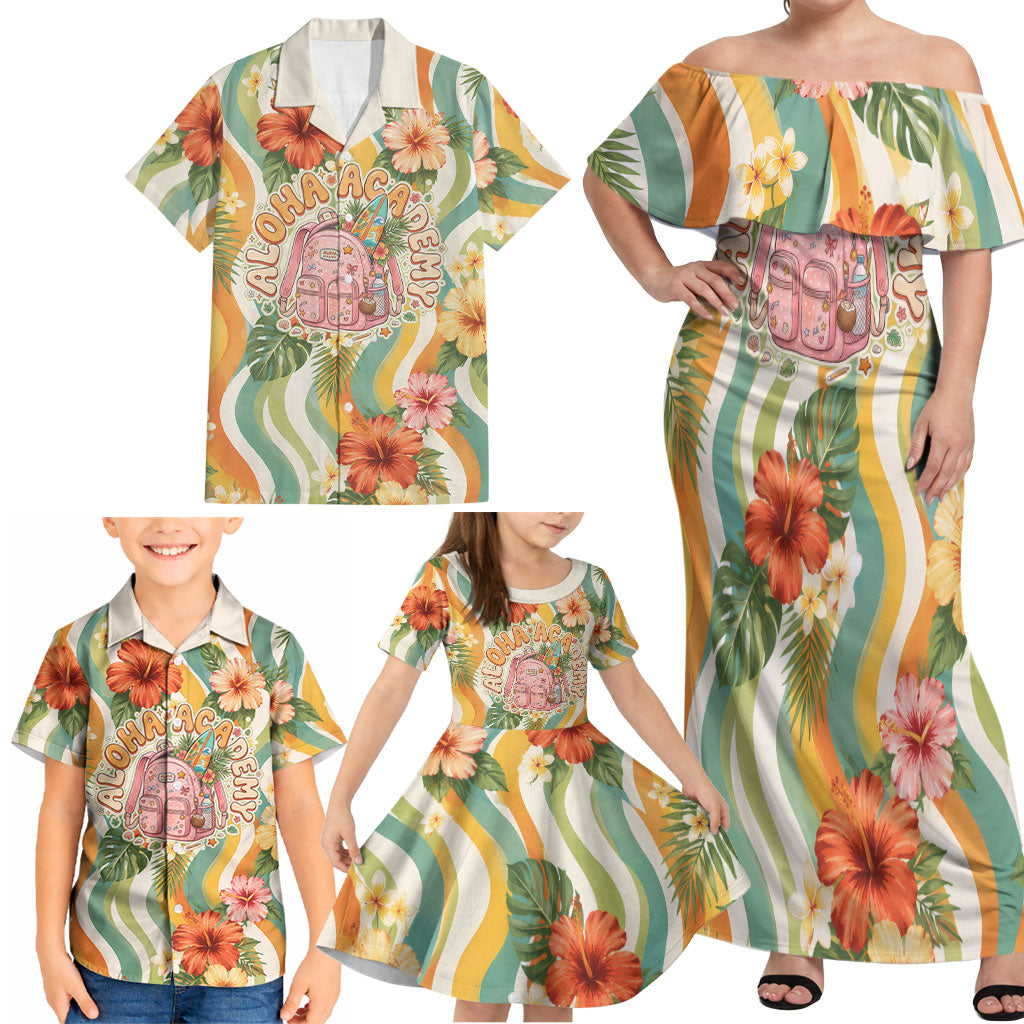 Hawaii Aloha Academy Back To School Family Matching Off Shoulder Maxi Dress and Hawaiian Shirt Sea Turtle Tropical Hibiscus Flowers Retro Psychedelic