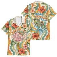 Hawaii Aloha Academy Back To School Family Matching Off Shoulder Maxi Dress and Hawaiian Shirt Sea Turtle Tropical Hibiscus Flowers Retro Psychedelic