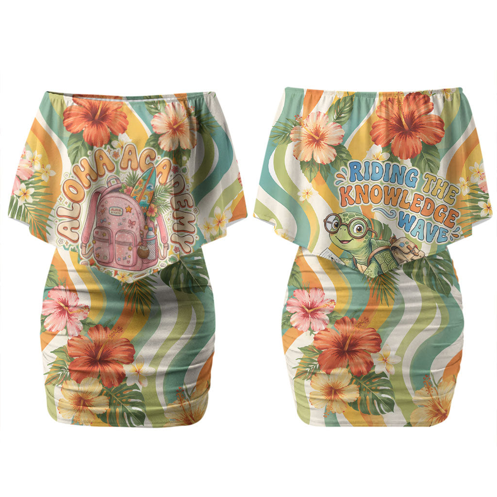 Hawaii Aloha Academy Back To School Family Matching Off Shoulder Short Dress and Hawaiian Shirt Sea Turtle Tropical Hibiscus Flowers Retro Psychedelic