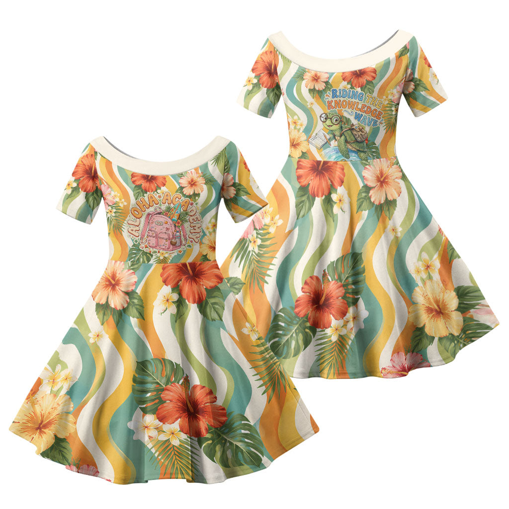 Hawaii Aloha Academy Back To School Family Matching Off Shoulder Short Dress and Hawaiian Shirt Sea Turtle Tropical Hibiscus Flowers Retro Psychedelic