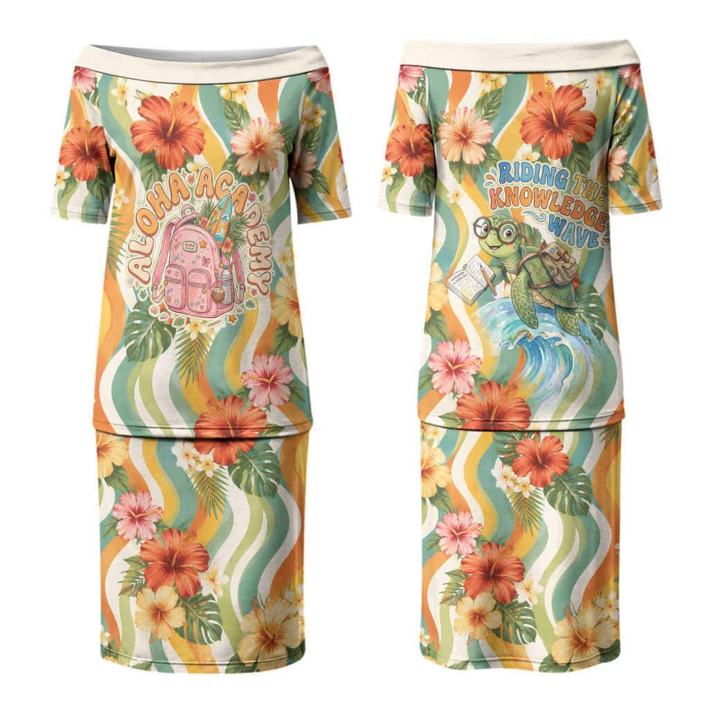 Hawaii Aloha Academy Back To School Family Matching Puletasi and Hawaiian Shirt Sea Turtle Tropical Hibiscus Flowers Retro Psychedelic