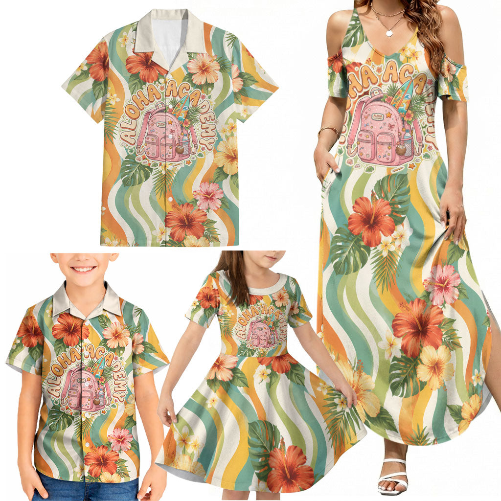 Hawaii Aloha Academy Back To School Family Matching Summer Maxi Dress and Hawaiian Shirt Sea Turtle Tropical Hibiscus Flowers Retro Psychedelic