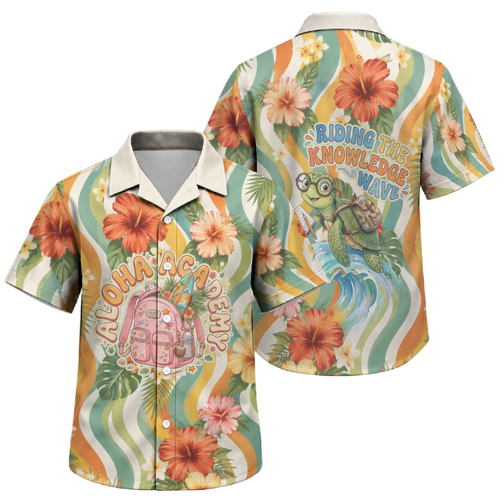 Hawaii Aloha Academy Back To School Family Matching Summer Maxi Dress and Hawaiian Shirt Sea Turtle Tropical Hibiscus Flowers Retro Psychedelic