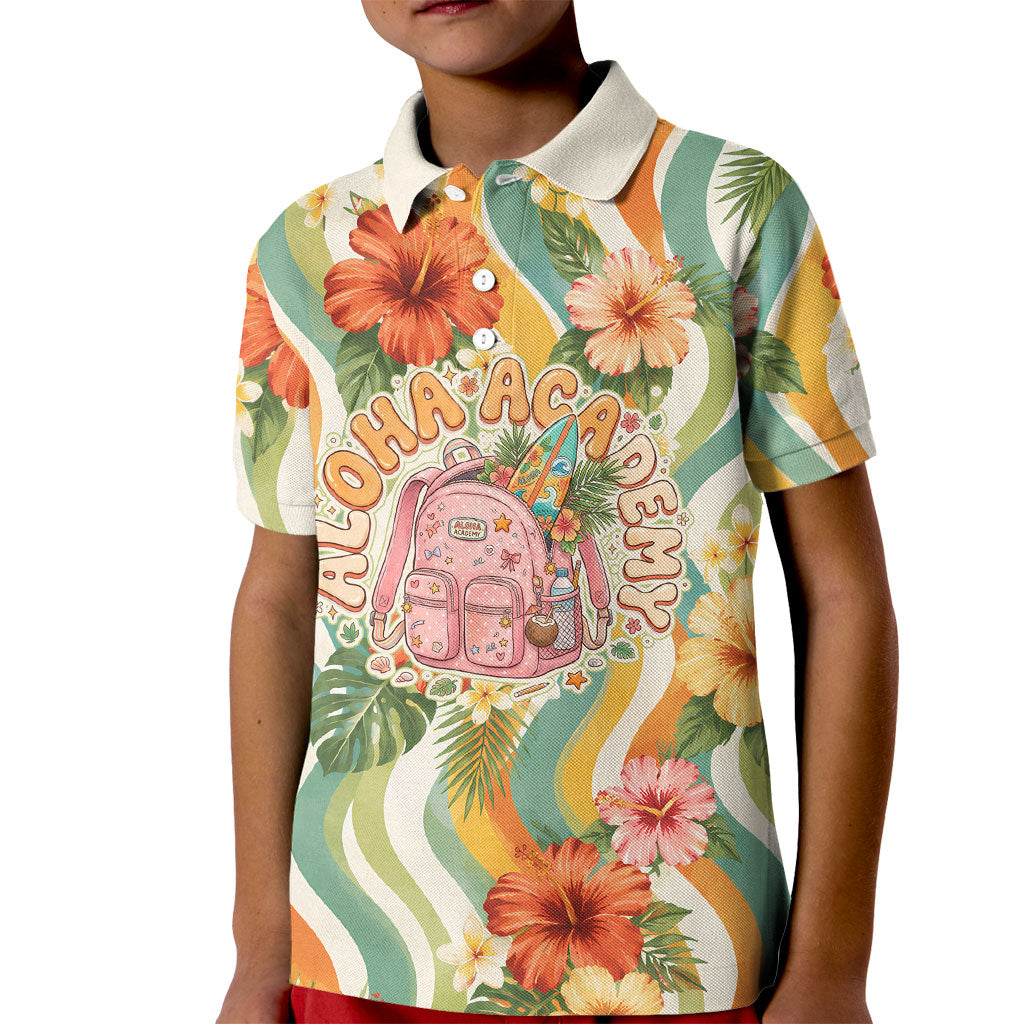 Hawaii Aloha Academy Back To School Kid Polo Shirt Sea Turtle Tropical Hibiscus Flowers Retro Psychedelic