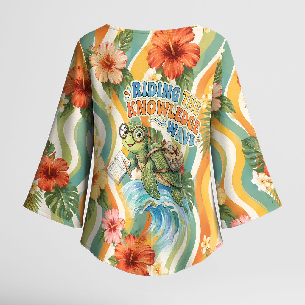 Hawaii Aloha Academy Back To School Kimono Sleeve Blouse Sea Turtle Tropical Hibiscus Flowers Retro Psychedelic