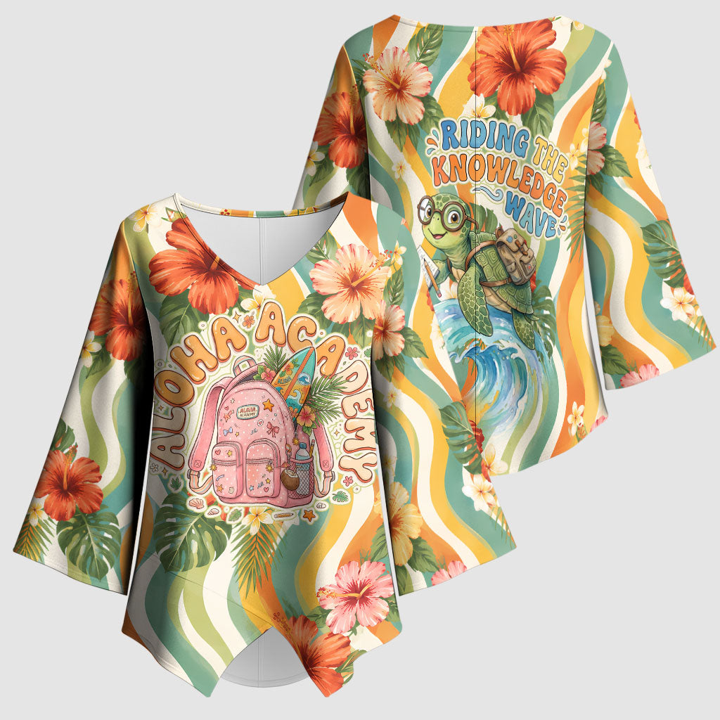 Hawaii Aloha Academy Back To School Kimono Sleeve Blouse Sea Turtle Tropical Hibiscus Flowers Retro Psychedelic