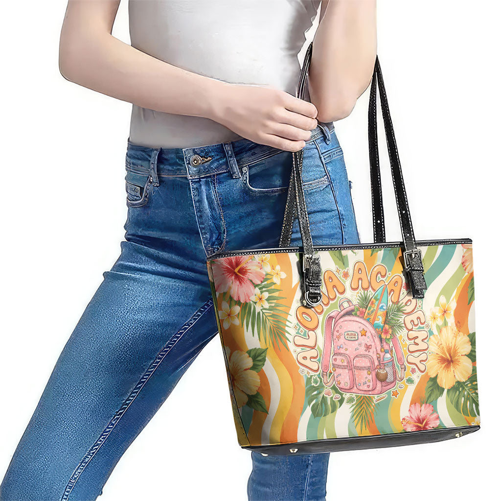 Hawaii Aloha Academy Back To School Leather Tote Bag Sea Turtle Tropical Hibiscus Flowers Retro Psychedelic