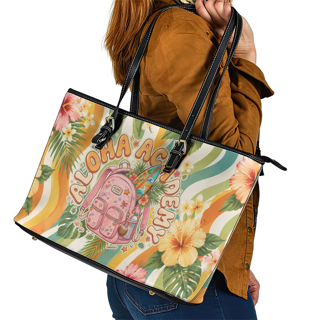 Hawaii Aloha Academy Back To School Leather Tote Bag Sea Turtle Tropical Hibiscus Flowers Retro Psychedelic