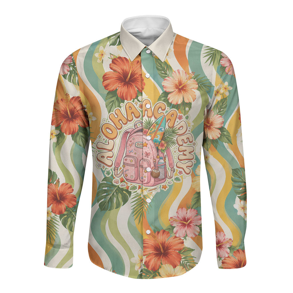 Hawaii Aloha Academy Back To School Long Sleeve Button Shirt Sea Turtle Tropical Hibiscus Flowers Retro Psychedelic