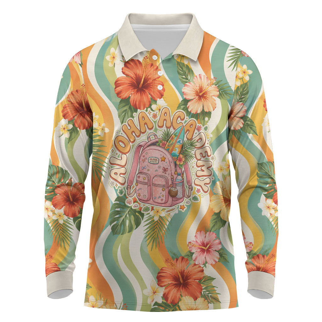 Hawaii Aloha Academy Back To School Long Sleeve Polo Shirt Sea Turtle Tropical Hibiscus Flowers Retro Psychedelic