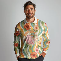 Hawaii Aloha Academy Back To School Long Sleeve Polo Shirt Sea Turtle Tropical Hibiscus Flowers Retro Psychedelic