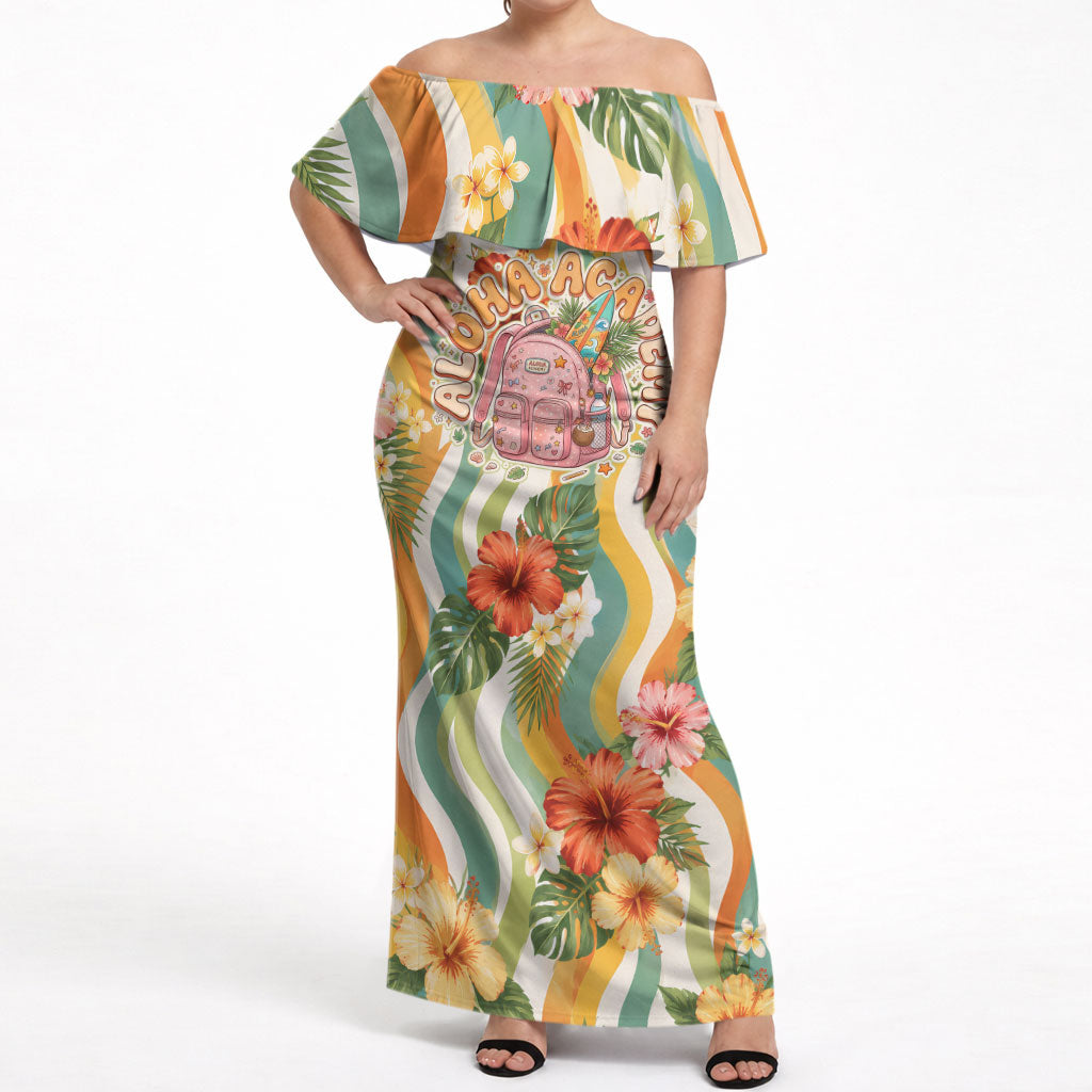 Hawaii Aloha Academy Back To School Off Shoulder Maxi Dress Sea Turtle Tropical Hibiscus Flowers Retro Psychedelic