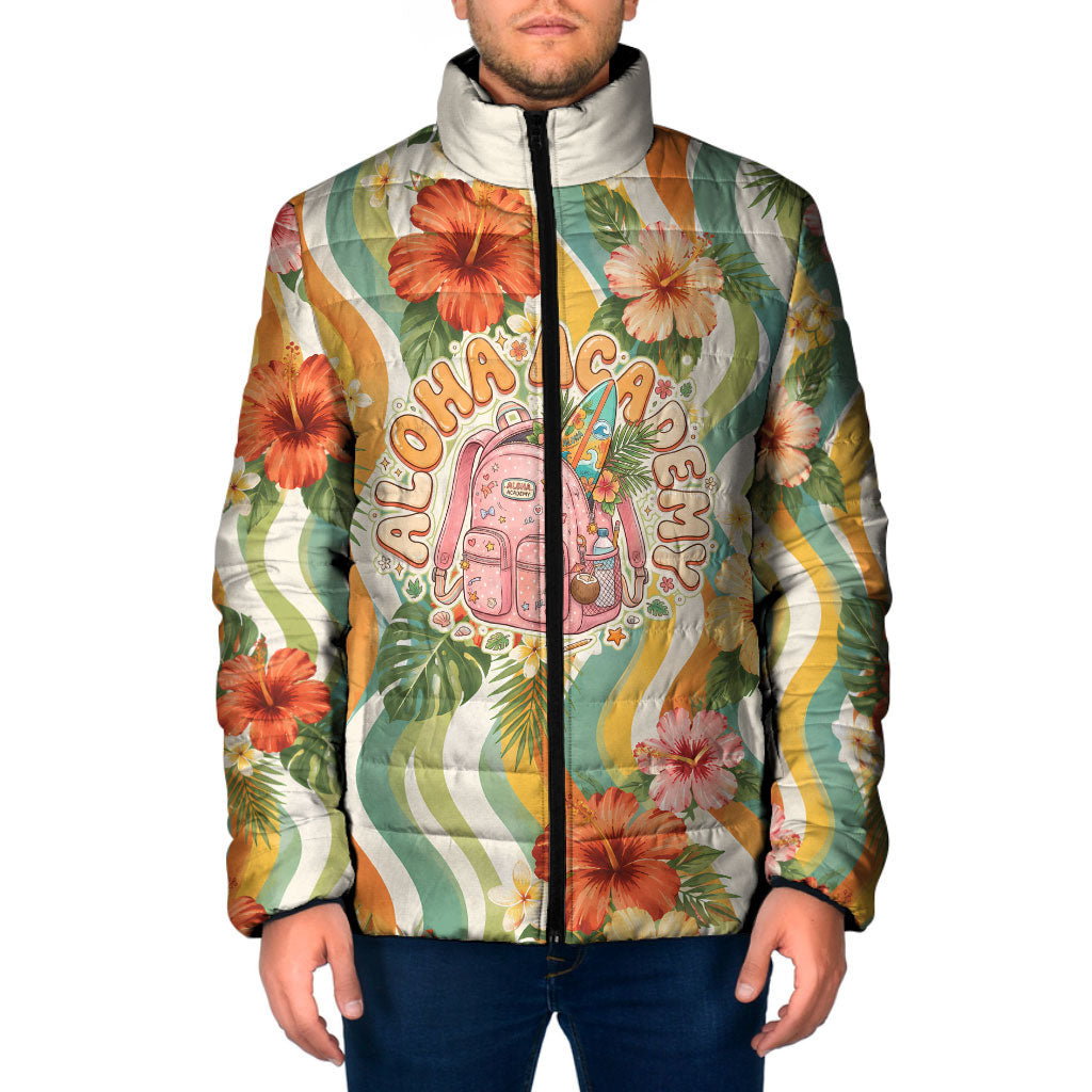 Hawaii Aloha Academy Back To School Padded Jacket Sea Turtle Tropical Hibiscus Flowers Retro Psychedelic