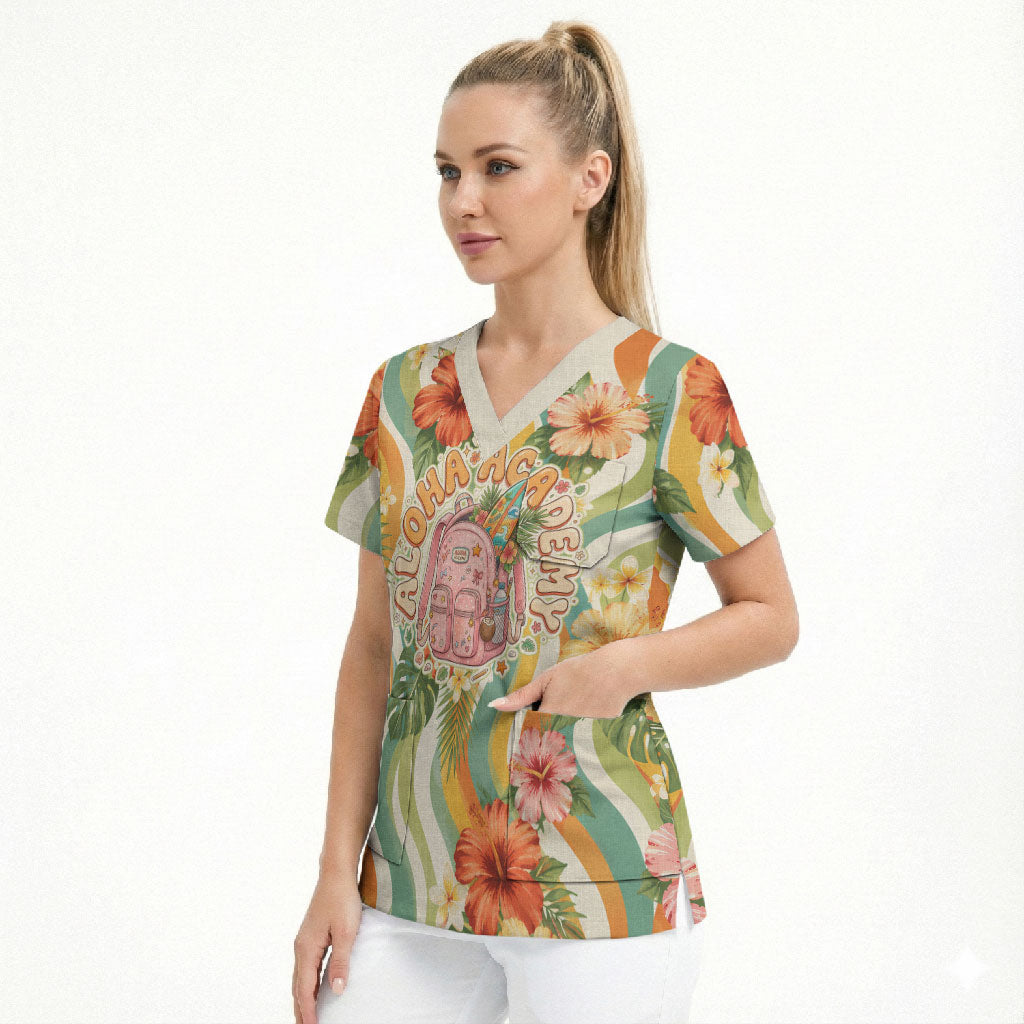 Hawaii Aloha Academy Back To School Scrub Top Sea Turtle Tropical Hibiscus Flowers Retro Psychedelic