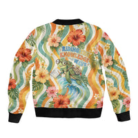 Hawaii Aloha Academy Back To School Sleeve Zip Bomber Jacket Sea Turtle Tropical Hibiscus Flowers Retro Psychedelic