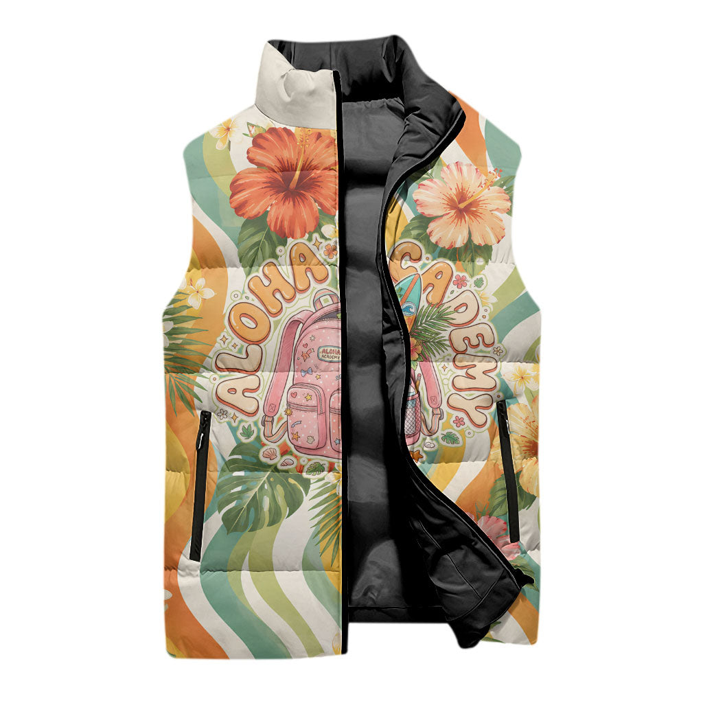 Hawaii Aloha Academy Back To School Sleeveless Puffer Jacket Sea Turtle Tropical Hibiscus Flowers Retro Psychedelic