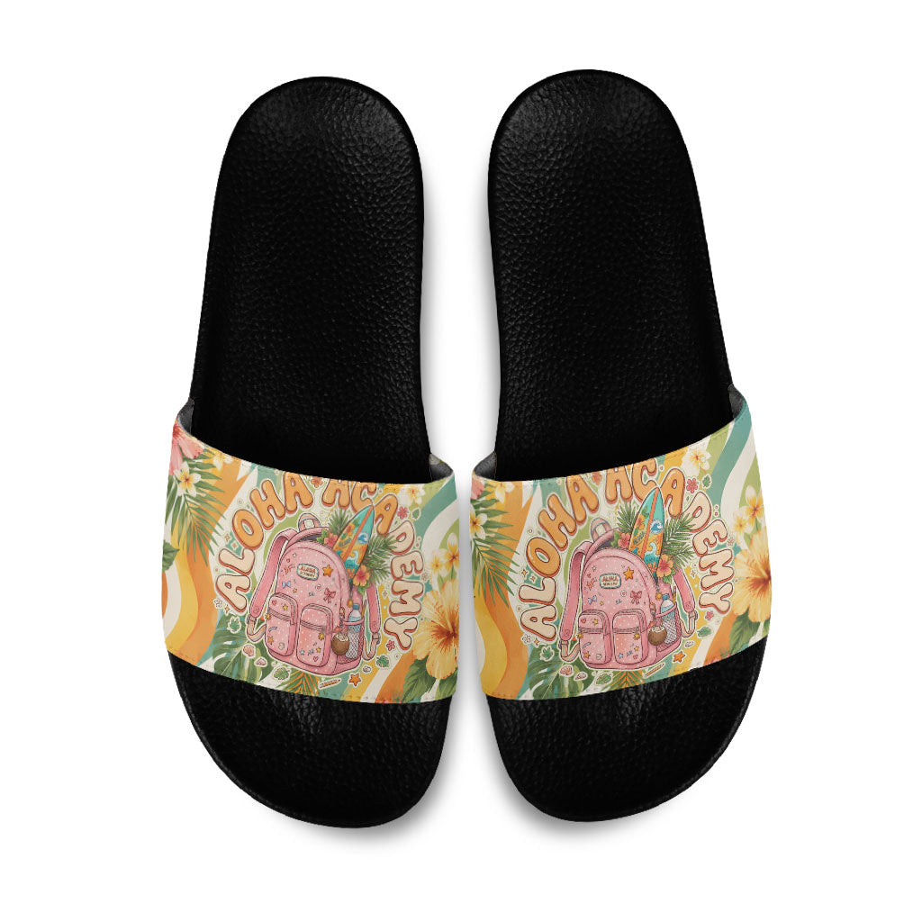 Hawaii Aloha Academy Back To School Slide Sandals Sea Turtle Tropical Hibiscus Flowers Retro Psychedelic TS04 Orange Green - Polynesian Pride