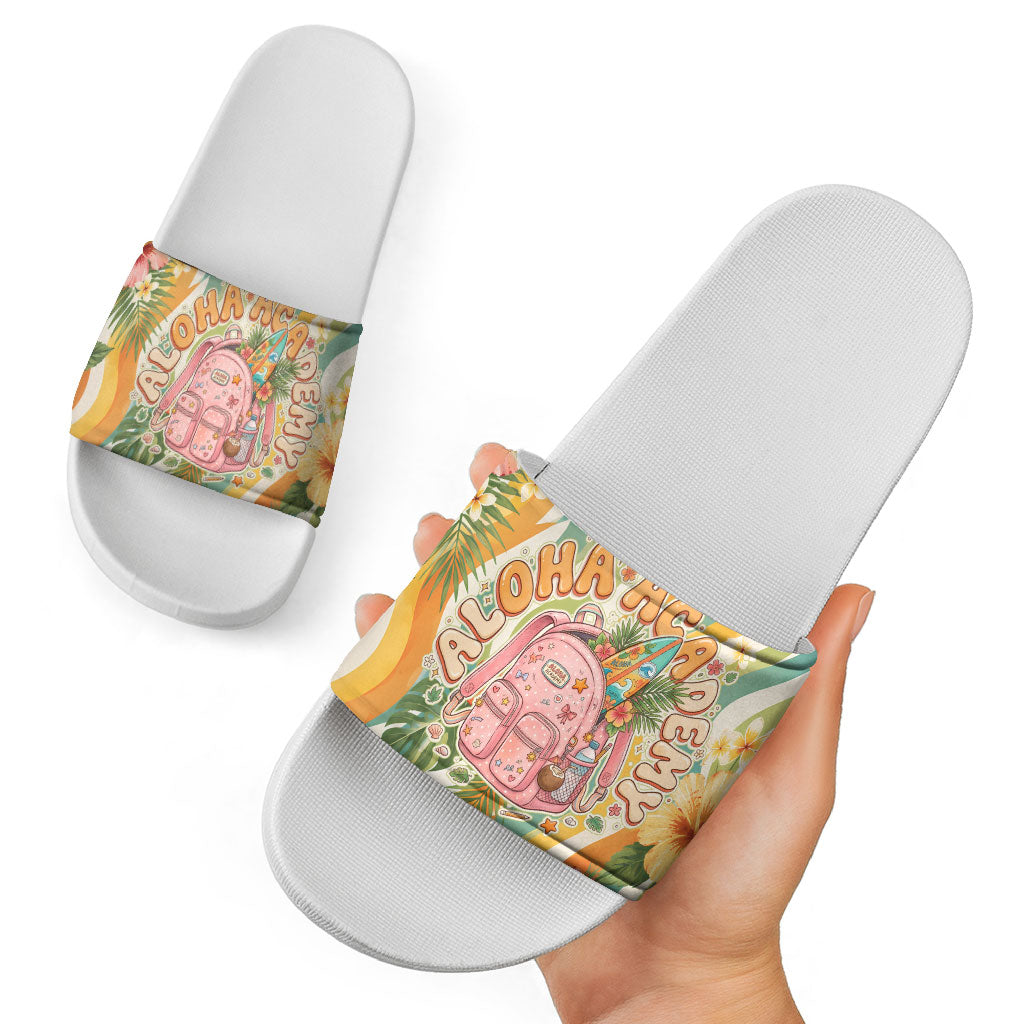 Hawaii Aloha Academy Back To School Slide Sandals Sea Turtle Tropical Hibiscus Flowers Retro Psychedelic