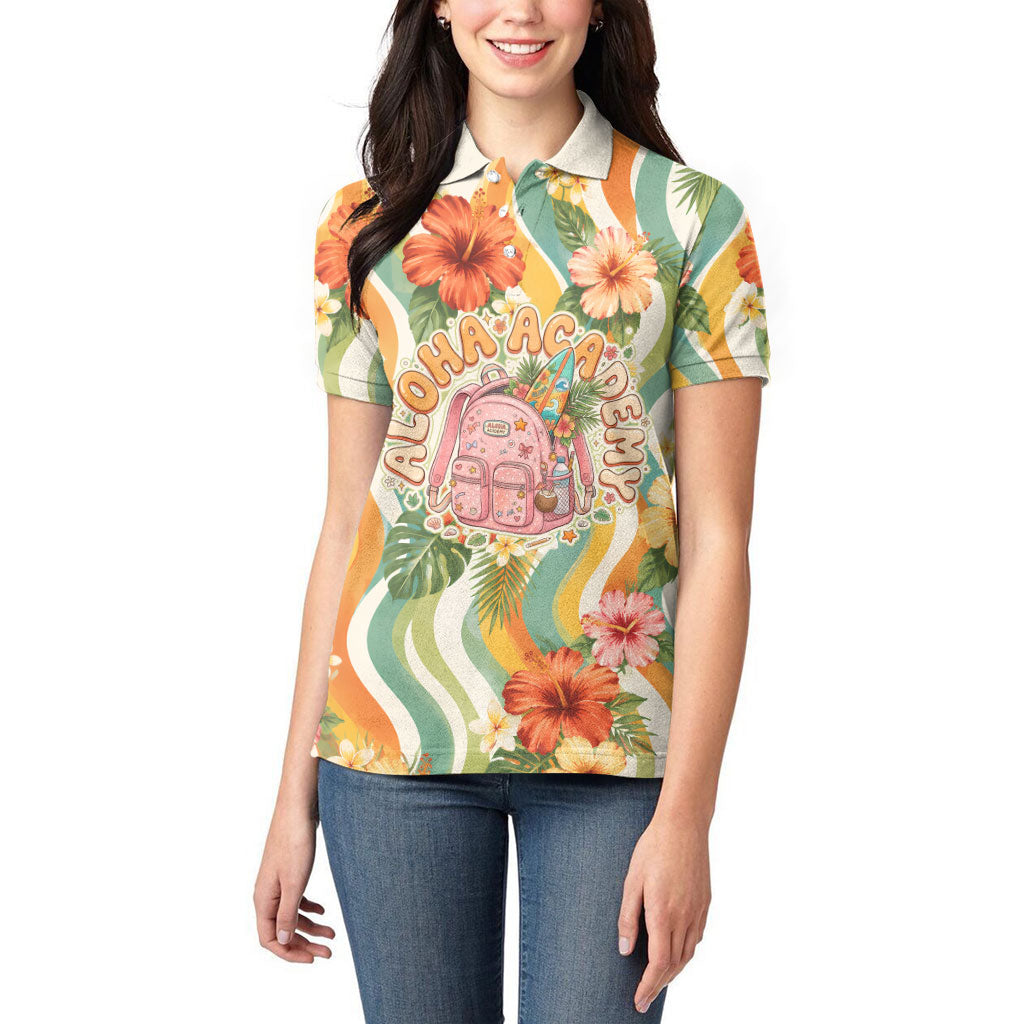 Hawaii Aloha Academy Back To School Women Polo Shirt Sea Turtle Tropical Hibiscus Flowers Retro Psychedelic