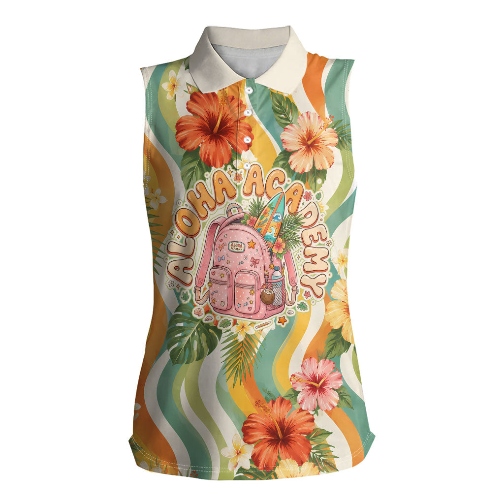 Hawaii Aloha Academy Back To School Women Sleeveless Polo Shirt Sea Turtle Tropical Hibiscus Flowers Retro Psychedelic