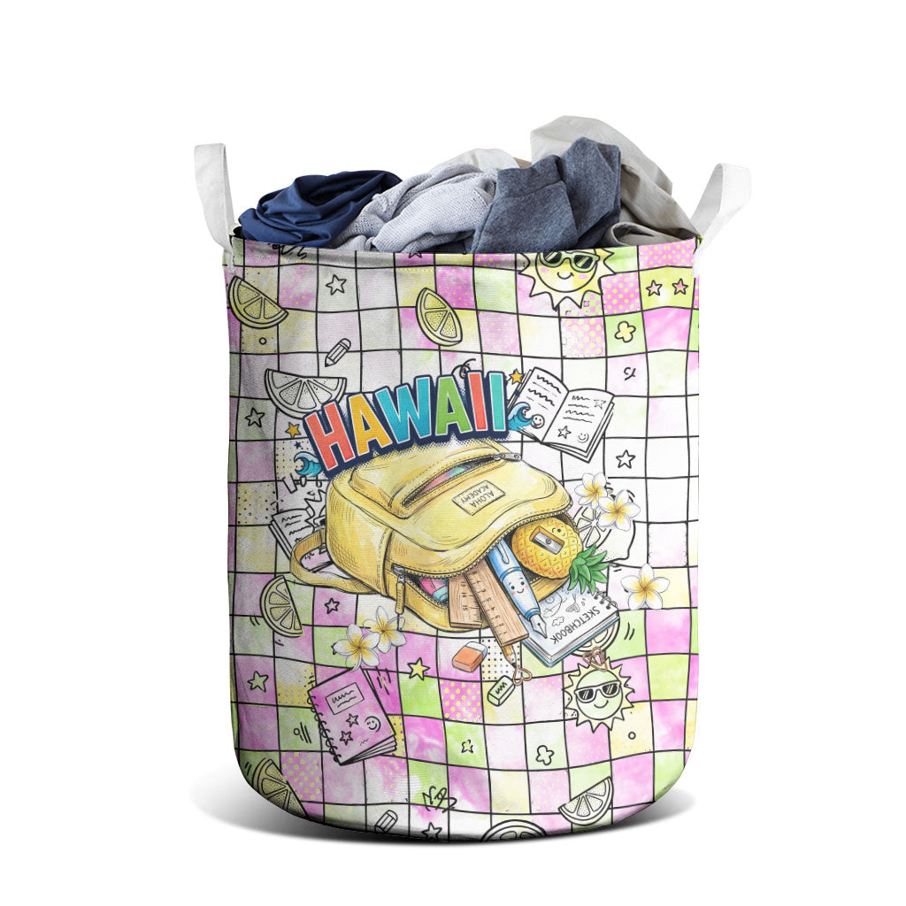 Hawaii Cruising Back To School Laundry Basket Grid Pattern With School Bag And Vintage Surf Van