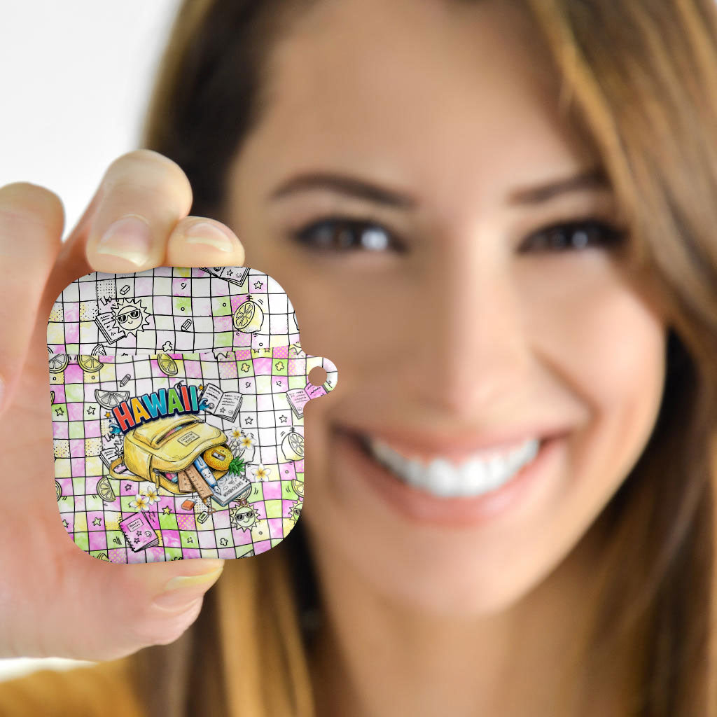 Hawaii Cruising Back To School AirPods Case Grid Pattern With School Bag And Vintage Surf Van