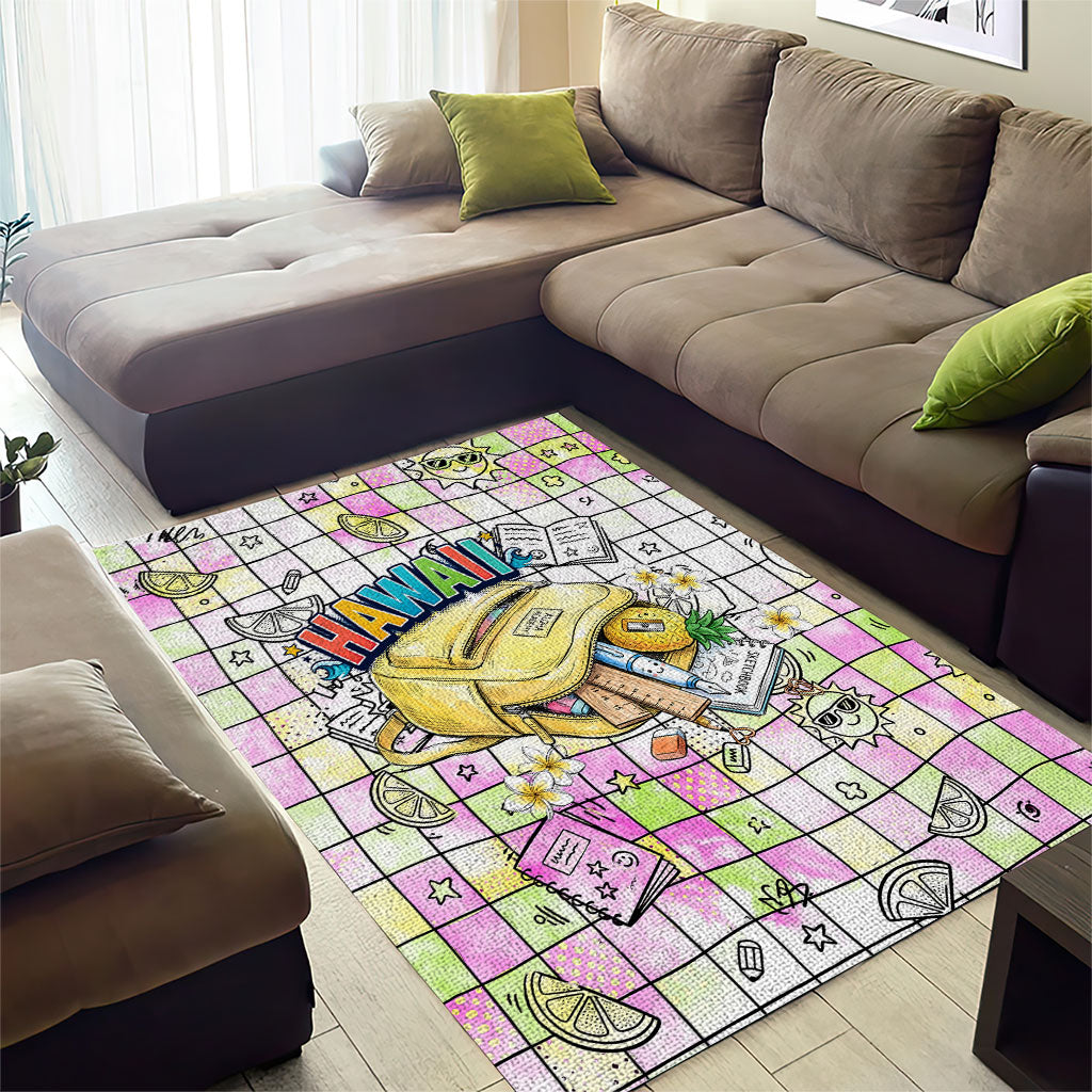 Hawaii Cruising Back To School Area Rug Grid Pattern With School Bag And Vintage Surf Van