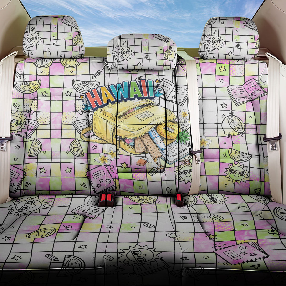 Hawaii Cruising Back To School Back Car Seat Cover Grid Pattern With School Bag And Vintage Surf Van