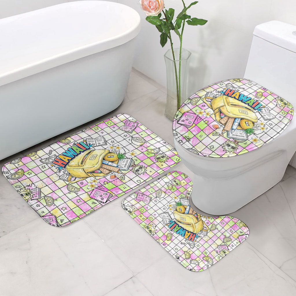 Hawaii Cruising Back To School Bathroom Set Grid Pattern With School Bag And Vintage Surf Van