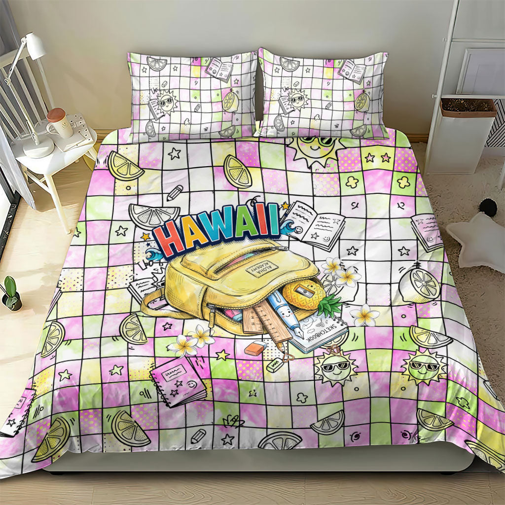 Hawaii Cruising Back To School Bedding Set Grid Pattern With School Bag And Vintage Surf Van