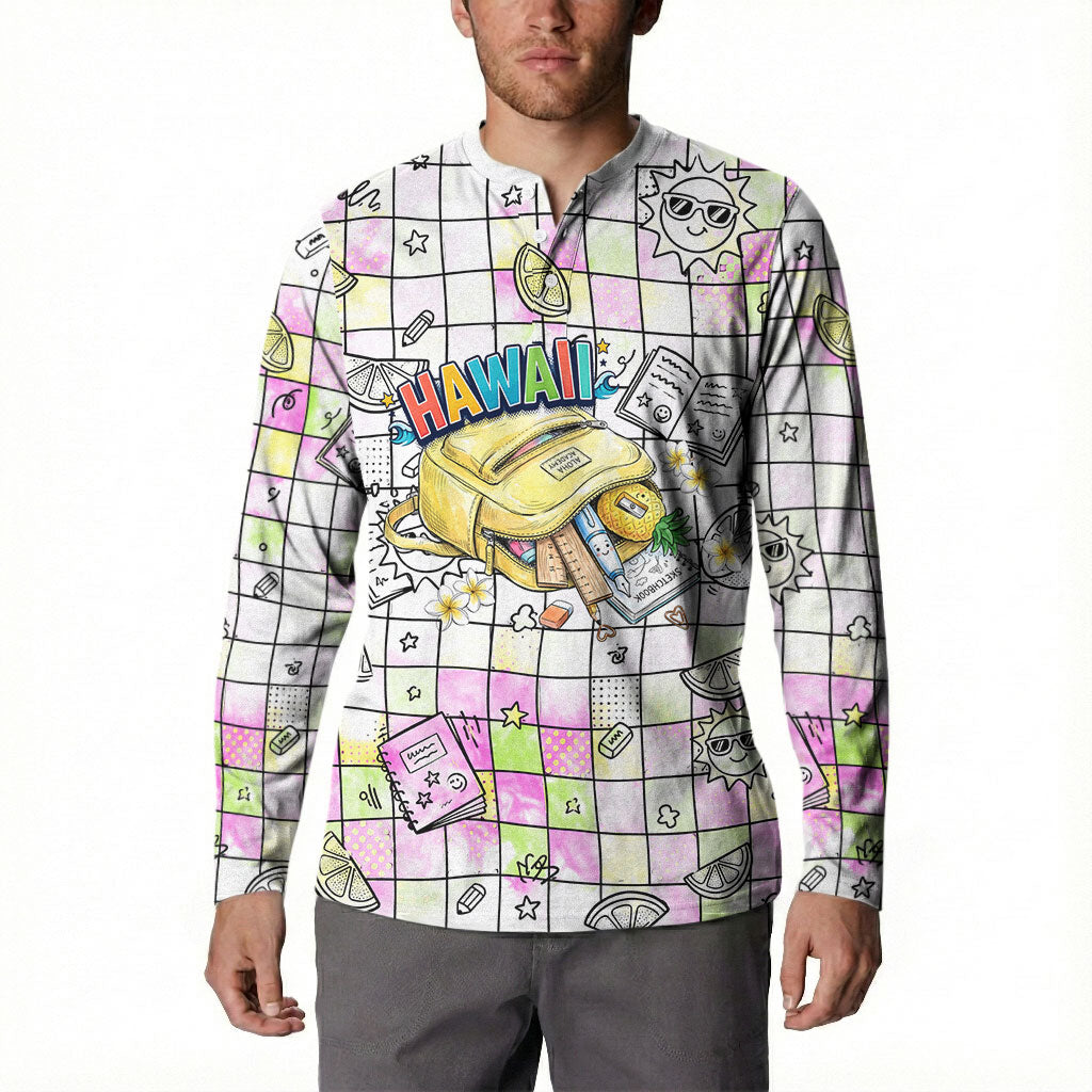 Hawaii Cruising Back To School Button Sweatshirt Grid Pattern With School Bag And Vintage Surf Van