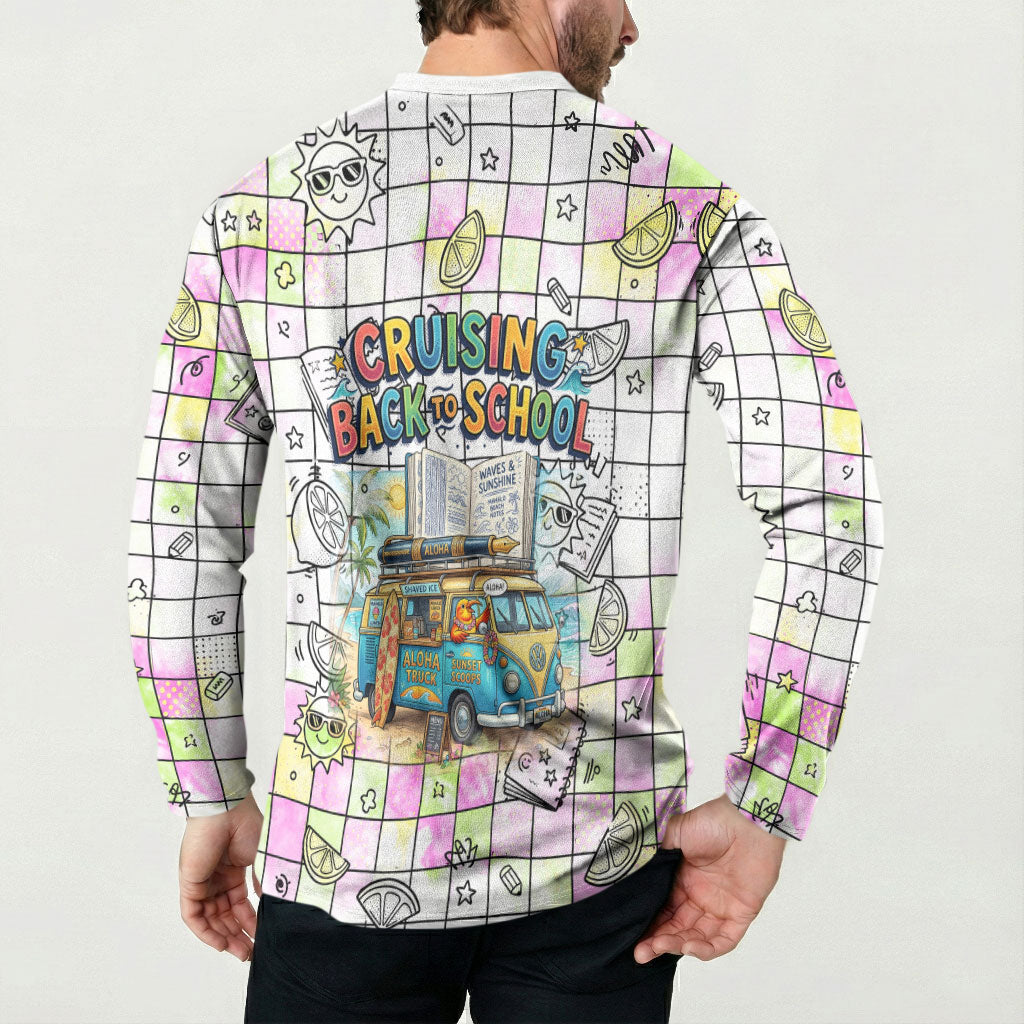 Hawaii Cruising Back To School Button Sweatshirt Grid Pattern With School Bag And Vintage Surf Van