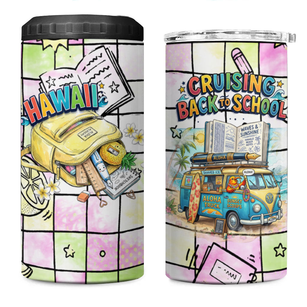 Hawaii Cruising Back To School 4 in 1 Can Cooler Tumbler Grid Pattern With School Bag And Vintage Surf Van TS04 One Size: 16 oz White Yellow - Polynesian Pride