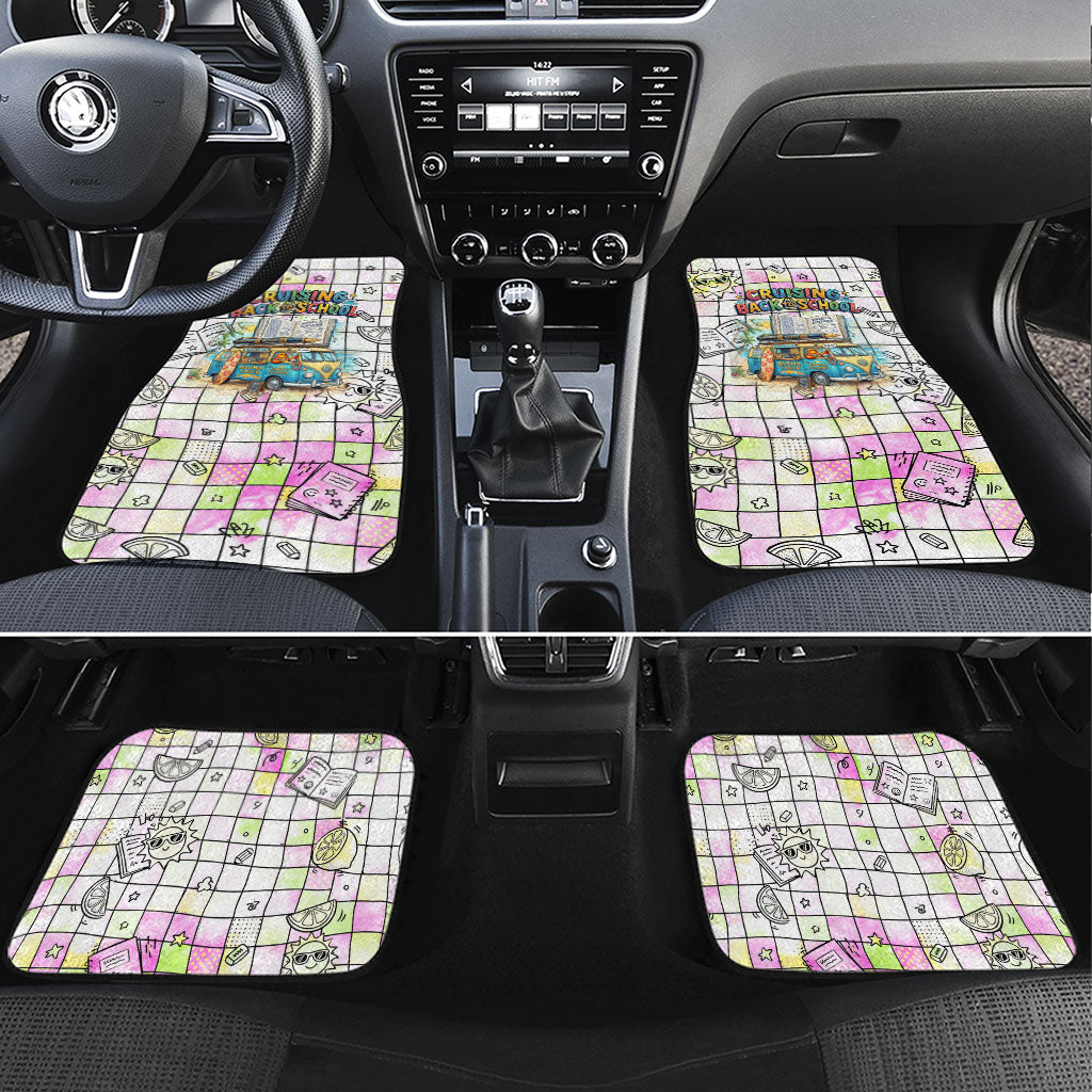 Hawaii Cruising Back To School Car Mats Grid Pattern With School Bag And Vintage Surf Van TS04 Set 4pcs White Yellow - Polynesian Pride