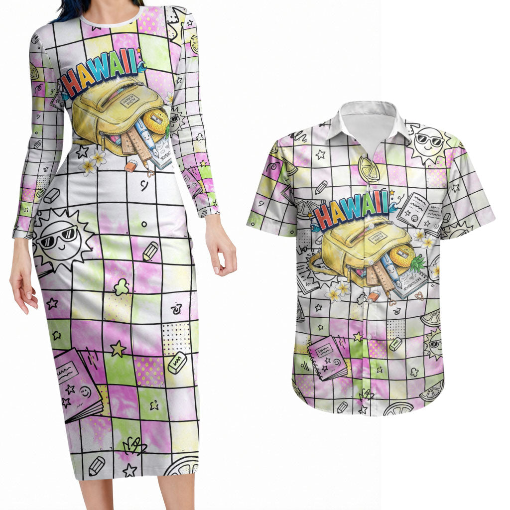 Hawaii Cruising Back To School Couples Matching Long Sleeve Bodycon Dress and Hawaiian Shirt Grid Pattern With School Bag And Vintage Surf Van