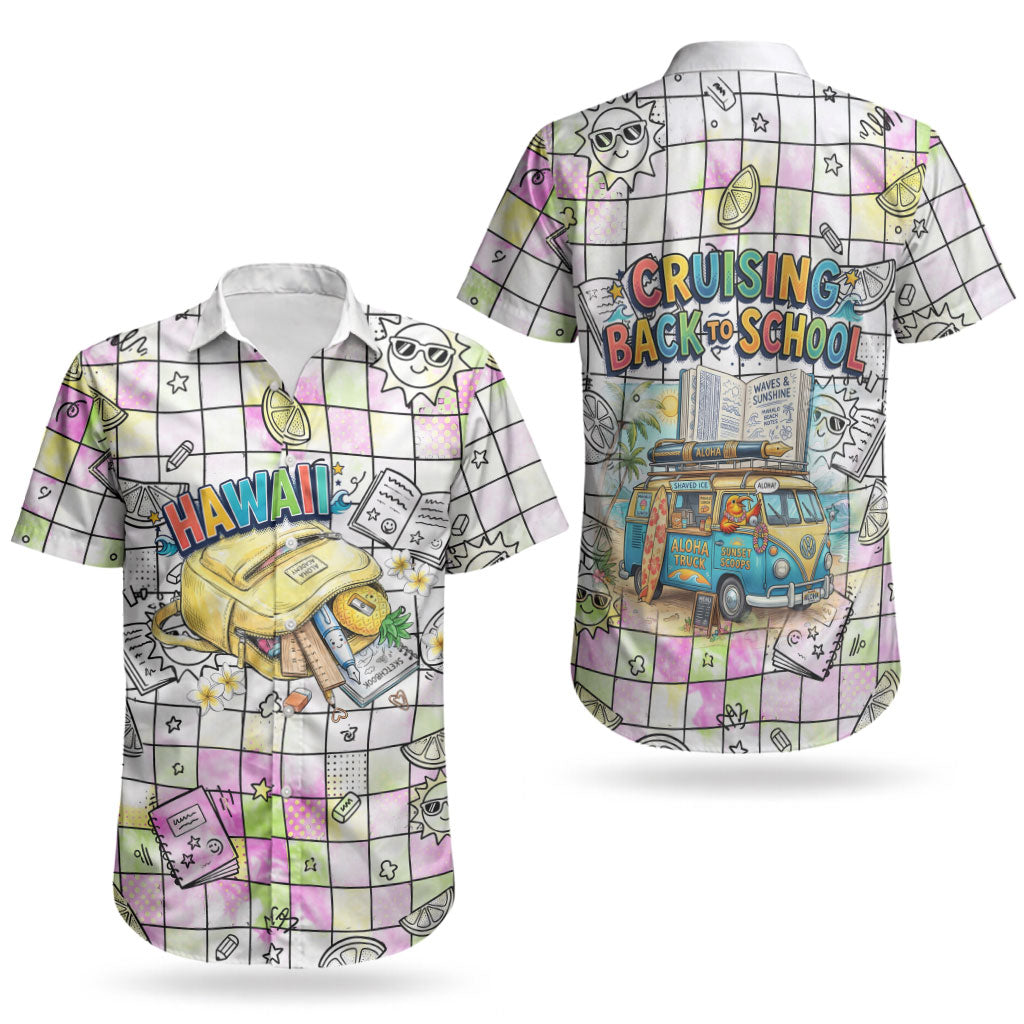 Hawaii Cruising Back To School Couples Matching Long Sleeve Bodycon Dress and Hawaiian Shirt Grid Pattern With School Bag And Vintage Surf Van