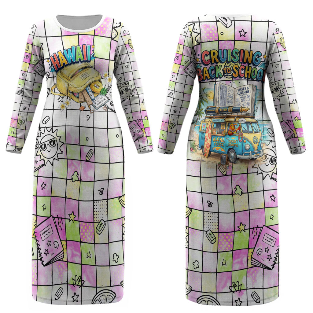 Hawaii Cruising Back To School Couples Matching Long Sleeve Bodycon Dress and Long Sleeve Button Shirt Grid Pattern With School Bag And Vintage Surf Van