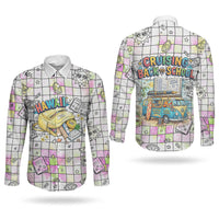 Hawaii Cruising Back To School Couples Matching Off Shoulder Maxi Dress and Long Sleeve Button Shirt Grid Pattern With School Bag And Vintage Surf Van