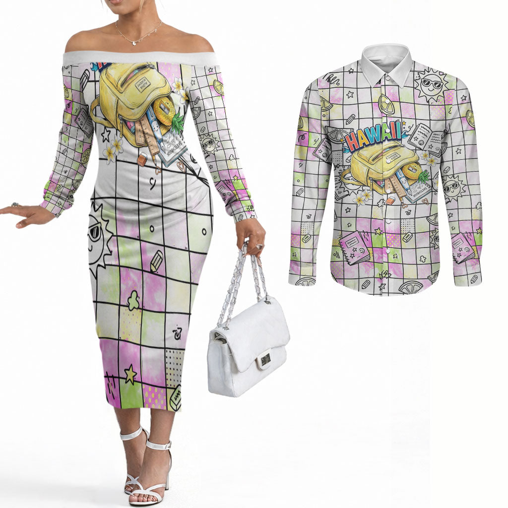 Hawaii Cruising Back To School Couples Matching Off The Shoulder Long Sleeve Dress and Long Sleeve Button Shirt Grid Pattern With School Bag And Vintage Surf Van