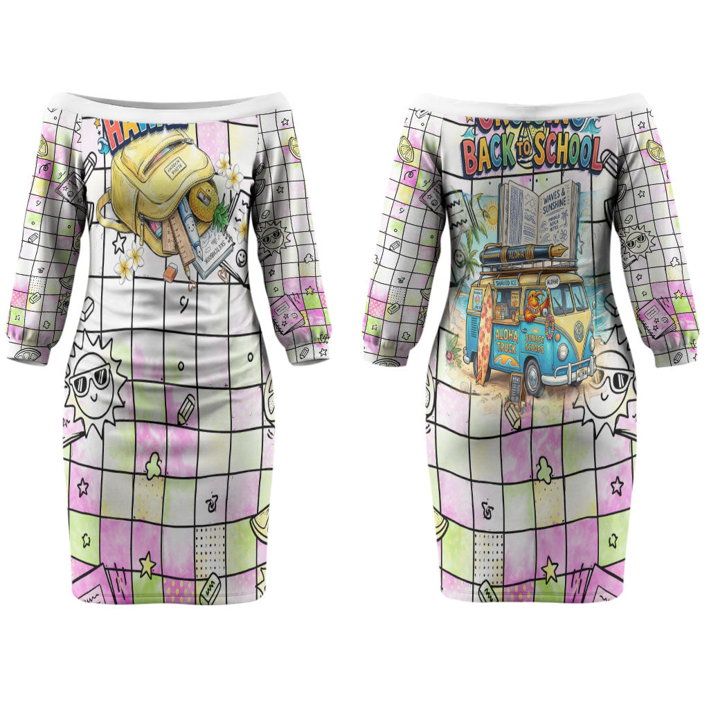 Hawaii Cruising Back To School Couples Matching Off The Shoulder Long Sleeve Dress and Long Sleeve Button Shirt Grid Pattern With School Bag And Vintage Surf Van