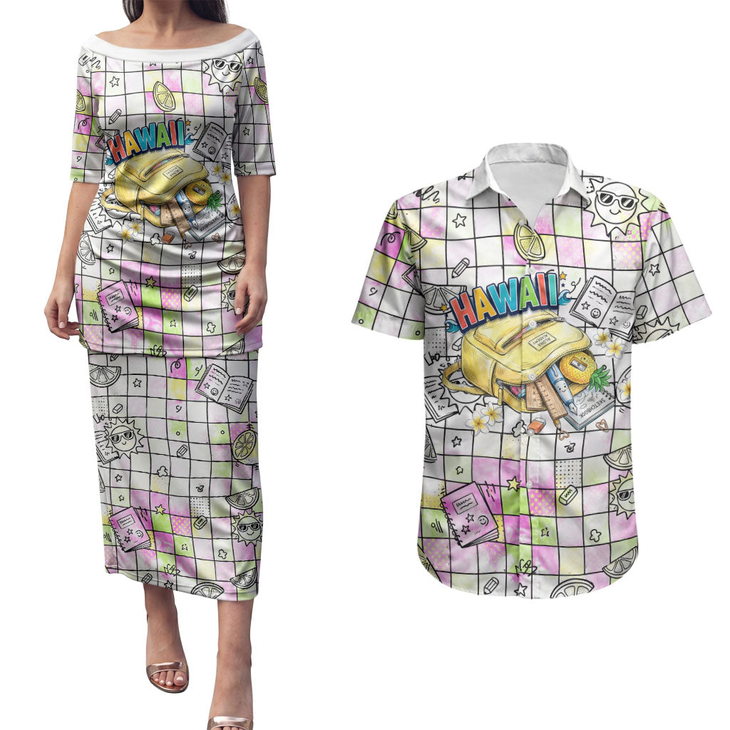 Hawaii Cruising Back To School Couples Matching Puletasi and Hawaiian Shirt Grid Pattern With School Bag And Vintage Surf Van